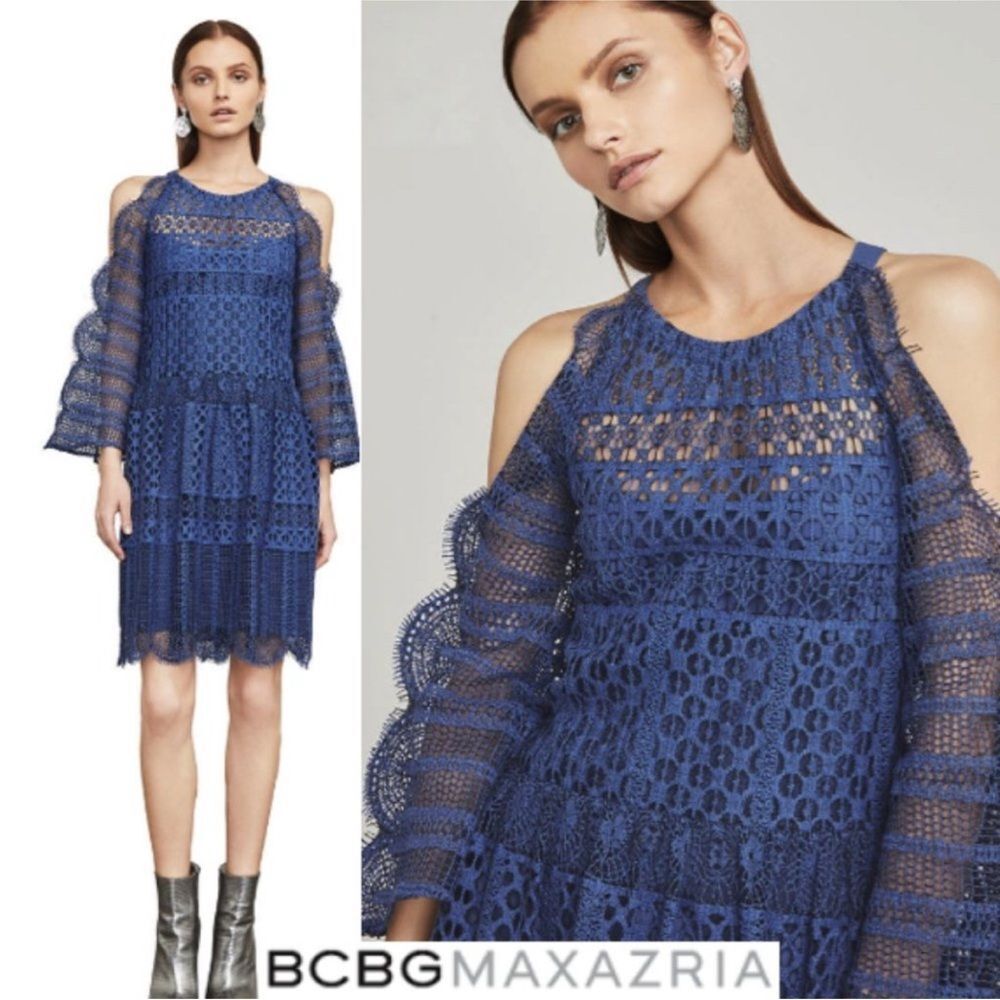 BCBGMaxAzria Royal Blue Lace Long Sleeve Dress, M